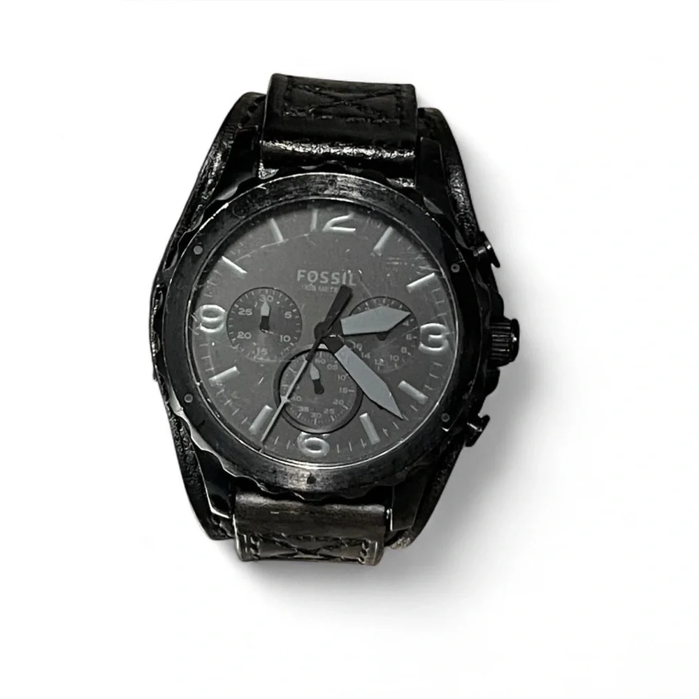 Fossil Nate Chronograph Black Leather Cuff Watch, model JR1510 *Scratches